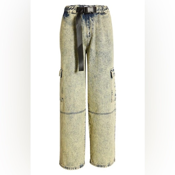 BP BE PROUD Gender Inclusive Belted Denim Cargo Pants in Acid Wash Size XL - Picture 1 of 7